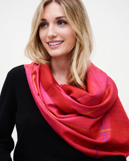 Echarpe bicolore en soie laine rose, rouge
